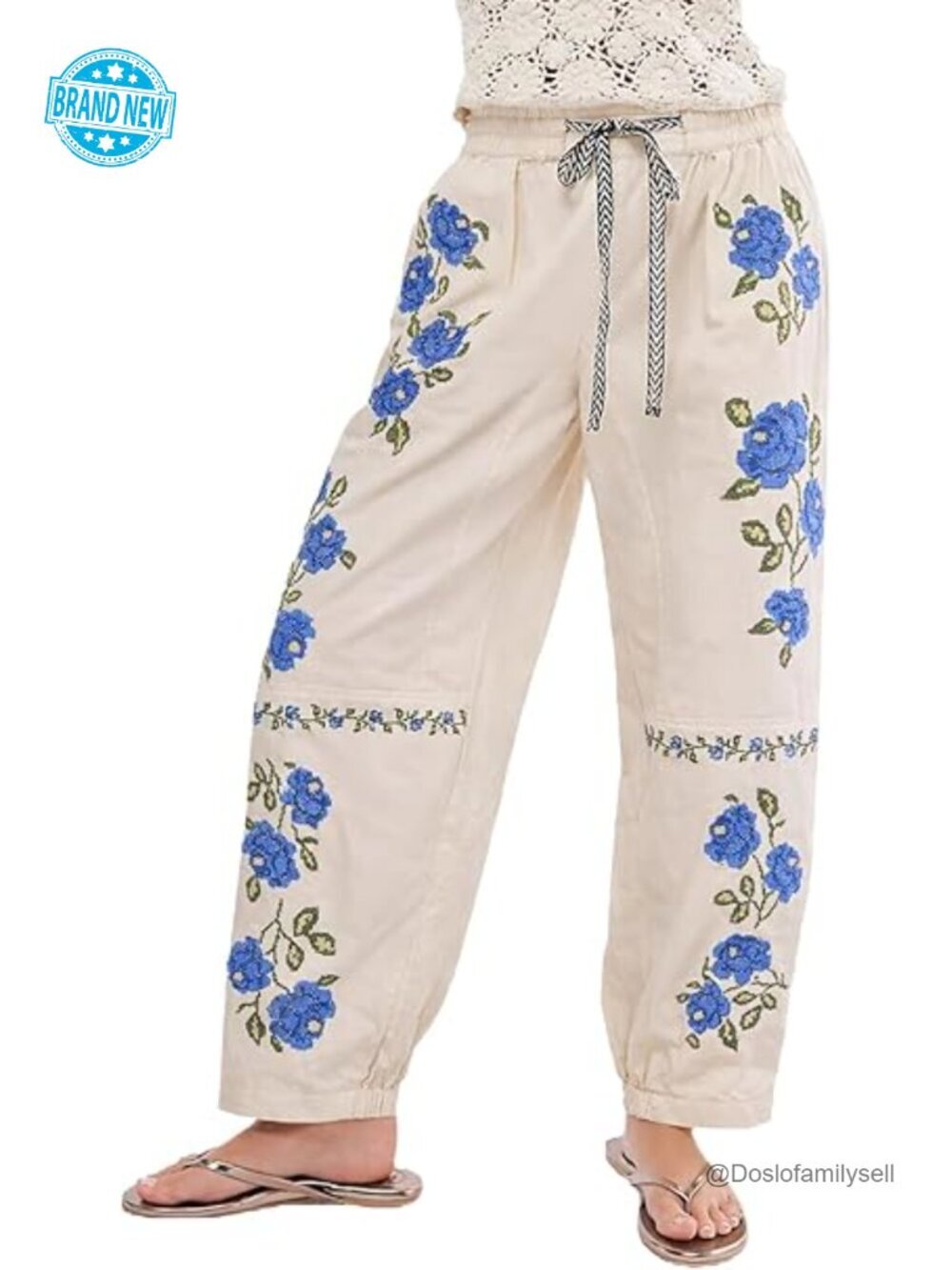 Embroidered Wide Leg Barrel Jeans with Pockets